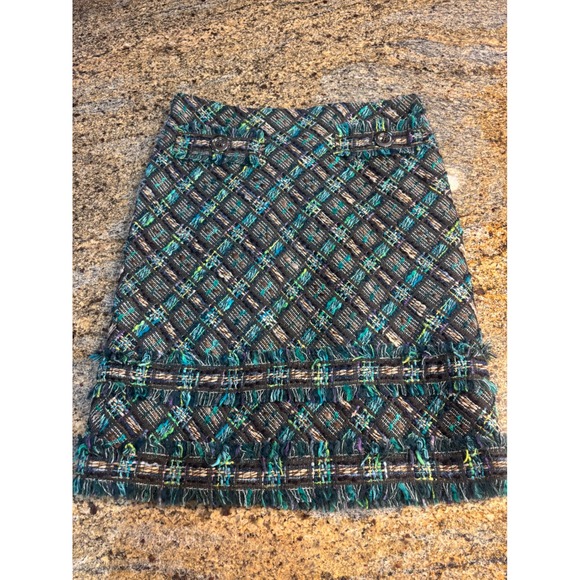 Per Se Dresses & Skirts - Per Se Blue Tweed Plaid Fringe Accent Skirt Women US 4 UK 6 Wool Silk Blend